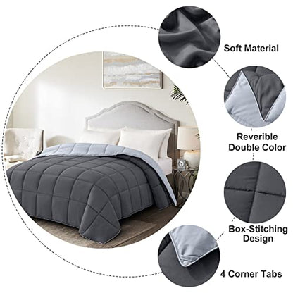  Queen Lightweight Comforter Gray - All Season Down Alternative Bed Comforter Summer Duvet Insert Quilted Reversible Comforters Full/Queen Size Dark Gray/Light Grey