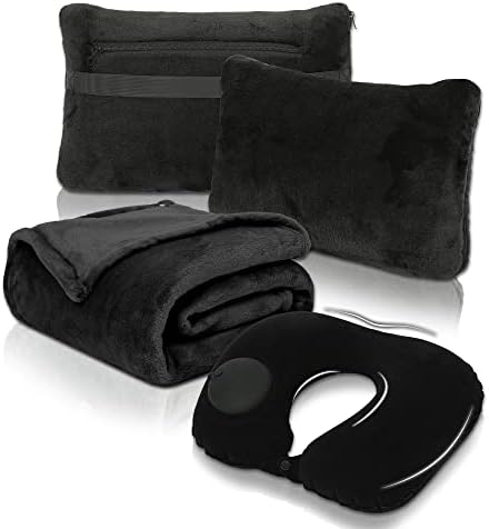  Travel Blanket And Pillow Set - Portable Inflatable Travel Neck Pillow And Premium Soft Airplane Blanket With Built-in Soft Bag, Neck Snaps, Zippered Pouch, And Hand Luggage Strap, 70" X 40" (Pink)