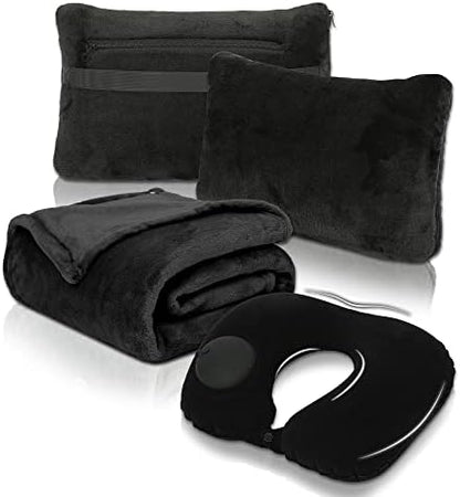  Travel Blanket And Pillow Set - Portable Inflatable Travel Neck Pillow And Premium Soft Airplane Blanket With Built-in Soft Bag, Neck Snaps, Zippered Pouch, And Hand Luggage Strap, 70" X 40" (Pink)