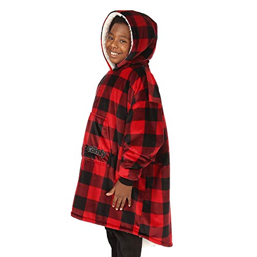  THE COMFY Original JR | The Original Oversized Sherpa Wearable Blanket For Kids, Seen On Shark Tank, One Size Fits All (Red Plaid)