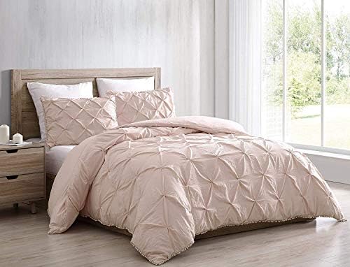  Chezmoi Collection Natalia 3-Piece Pom Poms Fringe Pinch Pleat Duvet Cover Set - Hypoallergenic Soft Washed Microfiber Comforter Cover With Button Closure And Corner Ties - Queen, Purple