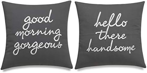  EURASIA DECOR Set Of 2 Pcs Hello Handsome Good Morning Gorgeous Embroidered Square Accent Throw Pillow Cover - Gift For Wedding, Couple, Anniversary, Bedroom Decor - 18x18 Inches, Ivory