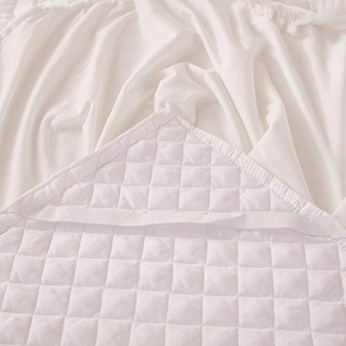  Diamond Quilted Velvet Bedspread Three Sides 18 Inches Deep Ruffles Drop Fitted Sheet Bed Skirt With Tassels Decorative Fringe (White, King)