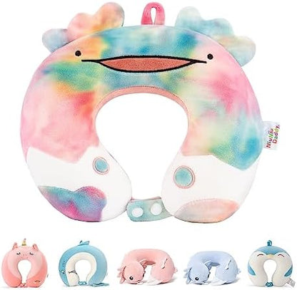 Niuniu Daddy Kids Travel Pillow For Airplane, Car, Recline - Neck Chin Support For Resting - Stops Head From Flopping Forward - Soft Memory Foam Insert And Cute Pink Unicorn Animal Plush Pillow Cover
