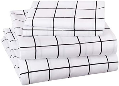  Amazon Basics Soft Microfiber 4 Piece Sheet Set With Elastic Pockets, Full, Black Grid, Geometric