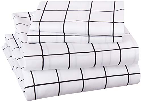  Amazon Basics Soft Microfiber 4 Piece Sheet Set With Elastic Pockets, Full, Black Grid, Geometric