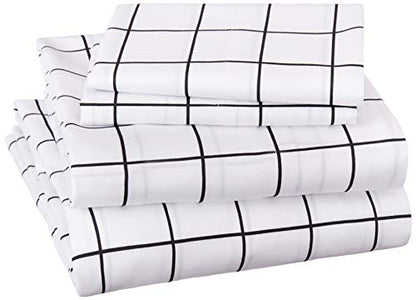  Amazon Basics Soft Microfiber 4 Piece Sheet Set With Elastic Pockets, Full, Black Grid, Geometric