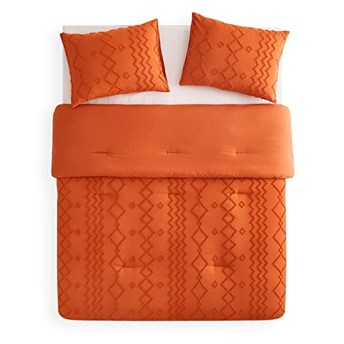  Wake In Cloud - Burnt Orange Comforter Set, Boho Tufted Textured Shabby Chic Farmhouse Bohemian Geometric Design, Soft Microfiber Bedding (3pcs, Queen Size)