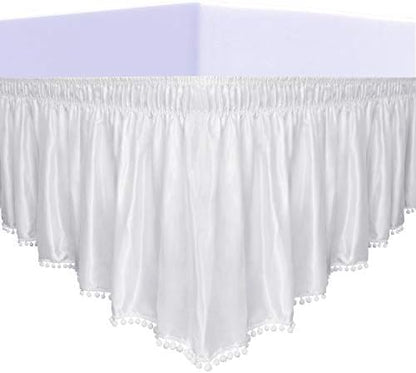  Satin Silk Pom Pom Wrap Around Bed Skirt With Adjustable Elastic Belt - 16 Inch Drop Easy To Put, Wrinkle Free Dust Ruffles, Bed Frame Cover For Twin, Twin XL And Full Size Beds, Dark Gray
