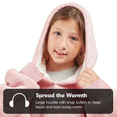  Degrees Of Comfort Wearable Blanket Hoodie For Kids Girls, Sherpa Hooded Blankets Sweatshirt With Pockets, One Size Fits All, Pink, 30x28 Inch