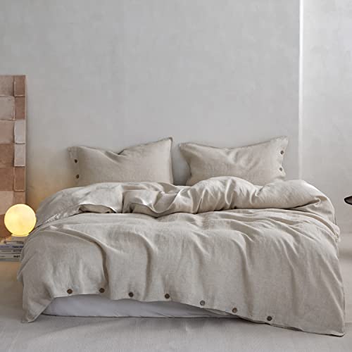  TOSMO 100% Linen Duvet Cover Set With Button Design, 3 Pieces (1 Duvet Cover With 2 Pillowcases), Soft Breathable Durable Farmhouse Bedding - Queen, Natural Linen