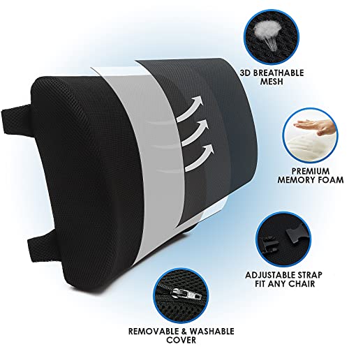  Lumbar Support Pillow For Office Chair Memory Foam Chair Back Cushion For Car, Gaming Chair, Recliner Improve Posture Large Ergonomic Back Pillow For Lower Back Pain Relief Double Adjustable Straps