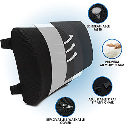  Lumbar Support Pillow For Office Chair Memory Foam Chair Back Cushion For Car, Gaming Chair, Recliner Improve Posture Large Ergonomic Back Pillow For Lower Back Pain Relief Double Adjustable Straps
