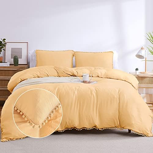  Pink Duvet Cover Queen Size, 3 Pieces Soft Washed Microfiber Duvet Cover Set With Boho Pom Pom Fringe, Pink, 90x90 Inches