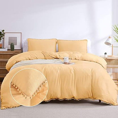  Pink Duvet Cover Queen Size, 3 Pieces Soft Washed Microfiber Duvet Cover Set With Boho Pom Pom Fringe, Pink, 90x90 Inches
