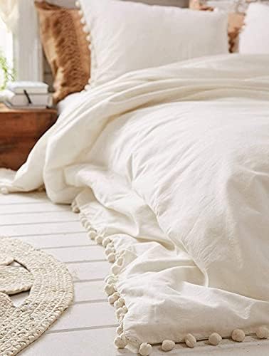  White Pom Pom Duvet Cover Fringed Cotton Cover Full Queen, 86“x90”