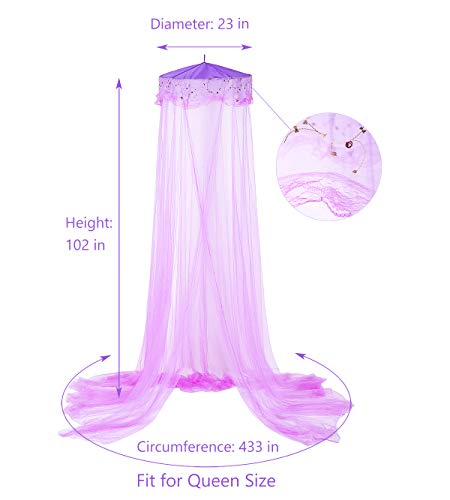  BCBYou Princess Bed Canopy Netting Mosquito Net Round Lace Dome Girl Play Tent Reading Nook Baby Kids Games House For Twin Full And Queen Size Beds Crib With Jumbo Swag Hook (Purple)