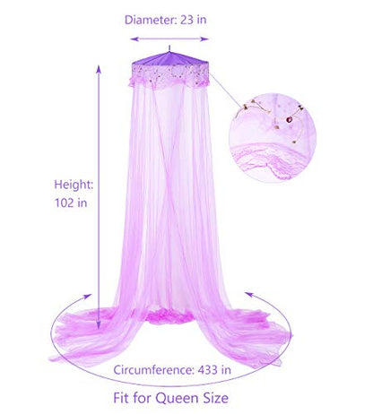  BCBYou Princess Bed Canopy Netting Mosquito Net Round Lace Dome Girl Play Tent Reading Nook Baby Kids Games House For Twin Full And Queen Size Beds Crib With Jumbo Swag Hook (Purple)