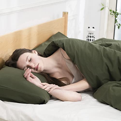  3 Pieces Duvet Cover Set Queen 100% Washed Cotton 1 Duvet Cover With Zipper And 2 Pillowcases, Ultra Soft And Easy Care Breathable Cozy Simple Style Bedding Set (Avocado Green)