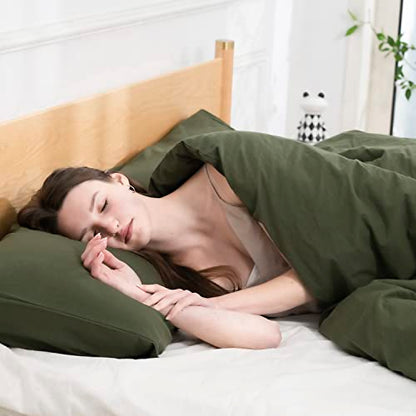  3 Pieces Duvet Cover Set Queen 100% Washed Cotton 1 Duvet Cover With Zipper And 2 Pillowcases, Ultra Soft And Easy Care Breathable Cozy Simple Style Bedding Set (Avocado Green)
