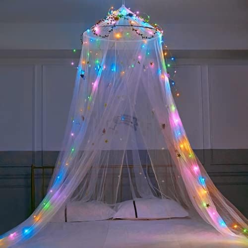  FIOBEE Bed Canopy For Girls Room Bed Canopy Curtains With Led Lights Mosquito Net DIY Princess Room Décor With Stars Butterflies For Kids Bedroom, Purple