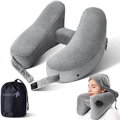  Neck Pillow For Travel Inflatable Airplane Pillow Comfortably Supports Head, Neck And Chin, Inflatable Travel Pillow With Soft Velour Cover And Portable Drawstring Bag (Black)