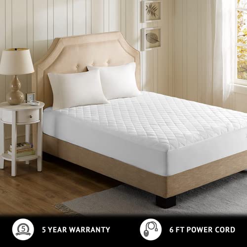  Beautyrest Cotton Blend Heated Mattress Pad Secure Comfort Technology - Luxury Quilted Electric Mattress Pad With Deep Pocket - 5-Setting Heat Controllers, Twin XL , White