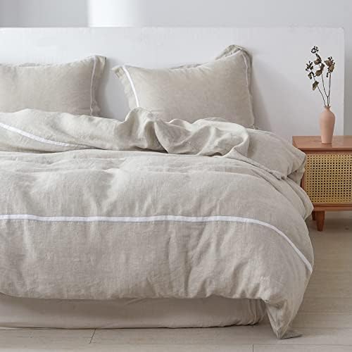  Simple&Opulence 100% Linen Duvet Cover Set Comforter King Size (104" X 92")-3pcs French Washed Flax Textured Soft Bedding With Striped Detail, 1 Duvet Cover And 2 Pillowcases (Grey)