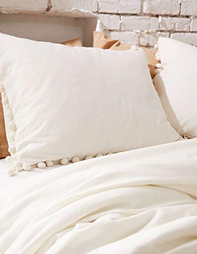  White Pom Pom Duvet Cover Fringed Cotton Cover Full Queen, 86“x90”