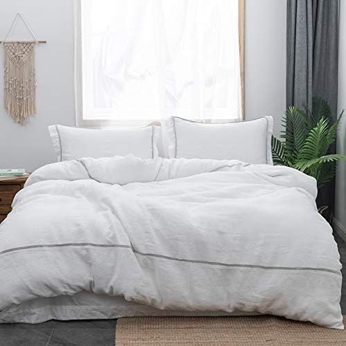  Simple&Opulence 100% Linen Duvet Cover Set Comforter King Size (104" X 92")-3pcs French Washed Flax Textured Soft Bedding With Striped Detail, 1 Duvet Cover And 2 Pillowcases (Grey)