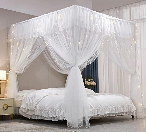  VETHIN 4 Corners Post Ruffle Princess Bed Canopy Curtain-Double Layer Cozy Drape Netting 4 Opening Mosquito Net For Girls Adults Bedroom Decoration (Double-Black,64" W*82" L*82"*H/Queen)