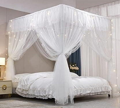  VETHIN 4 Corners Post Ruffle Princess Bed Canopy Curtain-Double Layer Cozy Drape Netting 4 Opening Mosquito Net For Girls Adults Bedroom Decoration (Double-Black,64" W*82" L*82"*H/Queen)