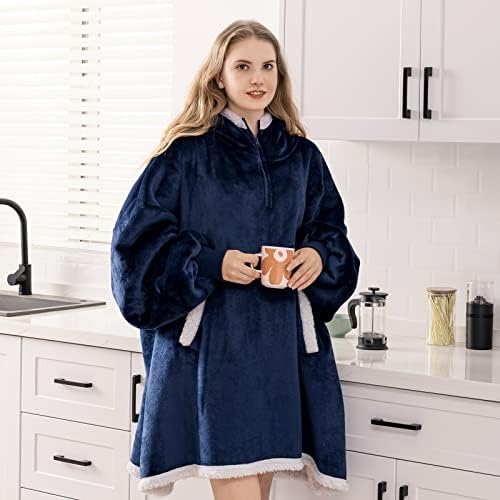  Oversized Wearable Blanket Hoodie For Adult, Thick Sherpa Sweatshirt With Elastic Sleeves And Giant Pockets Super Warm And Cozy Fuzzy Plush Fleece Blanket Jacket, Pink
