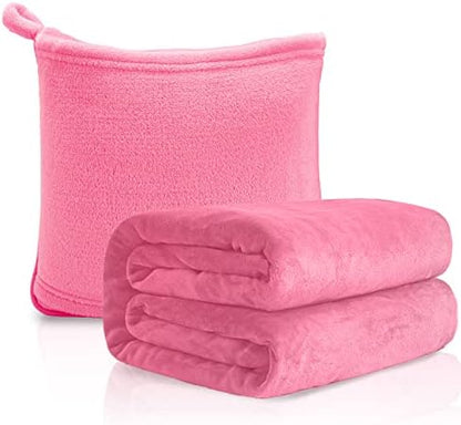  MACEVIA Travel Blanket Pillow Soft And Warm Blanket For Airplane Travel Essential Comfort Durability 2 In 1 Throw Blanket For Train Car Camping Office With Luggage Backpack Strap - Pink