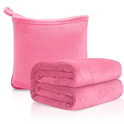  MACEVIA Travel Blanket Pillow Soft And Warm Blanket For Airplane Travel Essential Comfort Durability 2 In 1 Throw Blanket For Train Car Camping Office With Luggage Backpack Strap - Pink
