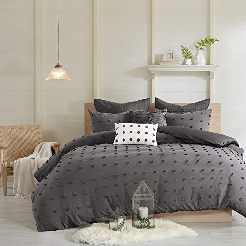  Duvet Set 100% Cotton Jacquard, Tufts Accent, Shabby Chic All Season Cover For Comforter, Matching Shams, Decorative Pillows, Full/Queen (88 In X 92 In), Charcoal 7 Piece