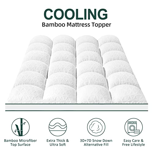  Bamboo Mattress Topper Queen Size, Cooling Breathable Extra Thick Mattress Pad Cover For Back Pain Relief Down Alternative Overfilled Plush Pillow Top With 8-21 Inch Deep Pocket