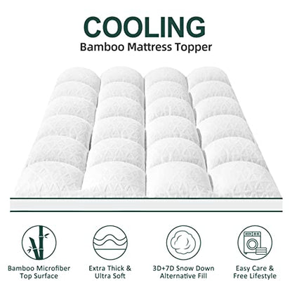  Bamboo Mattress Topper Queen Size, Cooling Breathable Extra Thick Mattress Pad Cover For Back Pain Relief Down Alternative Overfilled Plush Pillow Top With 8-21 Inch Deep Pocket