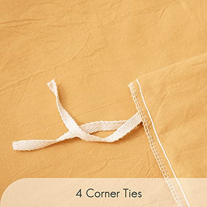  Straw Yellow 100% Washed Cotton Queen Duvet Cover Set, 3 Pieces 1 Comforter Cover And 2 Pillowcases, Ultra Soft And Breathable Solid Color Bedding Set With Zipper Closure