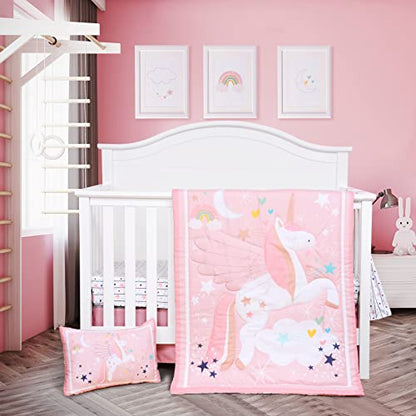  5 Piece Crib Bedding Set For Girls Unicorns Baby Girl Bedding Crib Set Nursery Bedding Sets - Crib Quilt Crib Sheet Pillowcase Crib Skirt Diaper Stacker