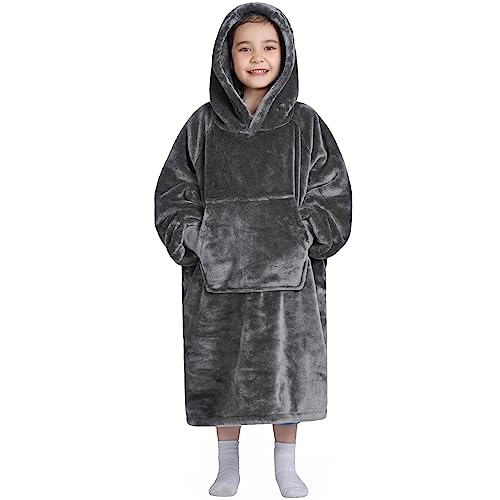  Waitu Wearable Blanket For Kids, Cozy Wearable Blanket Hoodie For Teens Girls And Boys, Warm Blanket Sweatshirt Gift For Teenage, Hoodie Blanket With Sleeves And Giant Pocket - Gray
