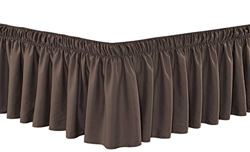  Wrap Around 24" Inch Long Fall Brown Ruffled Platform Elastic Solid Bed Skirt Fits All Queen, King And Cal King Size Bedding High Thread Count Microfiber Dust Ruffle, Soft & Wrinkle Free.