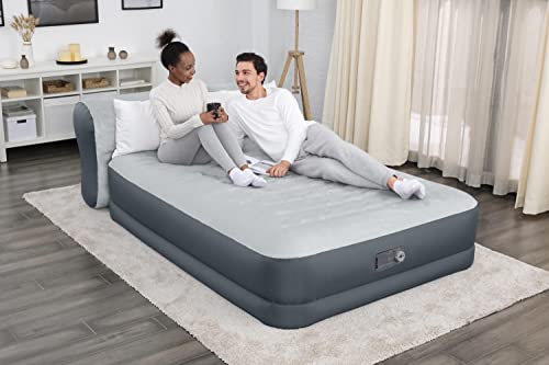 Queen Air Mattress With Headboard | Supersoft Snugable Top, Extra Durable Tough Guard | Raised Airbed With Built In Pump + USB Charger (90"x60"x29") Grey