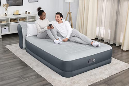  Queen Air Mattress With Headboard | Supersoft Snugable Top, Extra Durable Tough Guard | Raised Airbed With Built In Pump + USB Charger (90"x60"x29") Grey