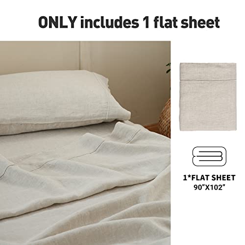  Simple&Opulence French Linen Flat Sheet With Embroidered Border-100% Stone Washed Flax Bedding,Queen Size(90''x102'') Ultra Soft,Breathable Flat Top Sheet-1 Piece Bed Flat Sheet Only(Linen)