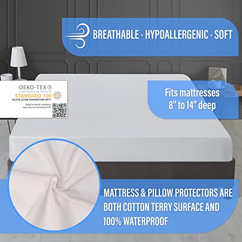  Waterproof Mattress Protector Queen Size With 2 Zippered Pillow Covers - Breathable, Hypoallergenic, Cotton Terry Mattress Cover For Safe, Noiseless, Non-Sweaty 8" To 14" Deep Mattress