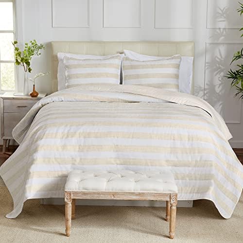  3 Piece King Quilt Set With Shams | Soft & Breathable For Spring & Summer | All-Season Quilt | Multi Layer Coverlet | Lightweight Bedspread | Boho Stripes | Bettina Collection (King, Parchment)