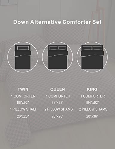  LLanCL King Bed Comforter Set,Down Alternative All Season Reversible Comforter-Quilted Duvet Insert With Corner Tabs-Round Stitched-Breathable, Soft, Fluffy(Pink/Grey Checked, 3pcs)