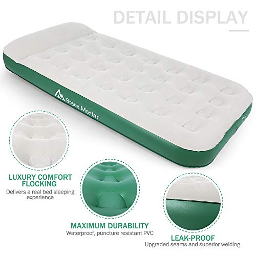  Air Mattress With Pillow, Blow Up Air Bed, Waterproof Flocked Air Mattress Single/Double, 203 X99(152) X 28cm, With Storage Bag, Green (Green, Twin)