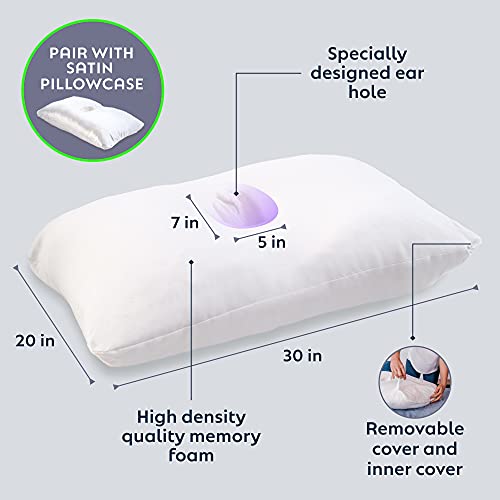  PureComfort Pillow With Ear Hole - Pain Relief Ear Pillow For TMJ, CNH & Neck Stenosis - Piercing Pillow For Side Sleepers - Adjustable Memory Foam Pillow For Ear Pain